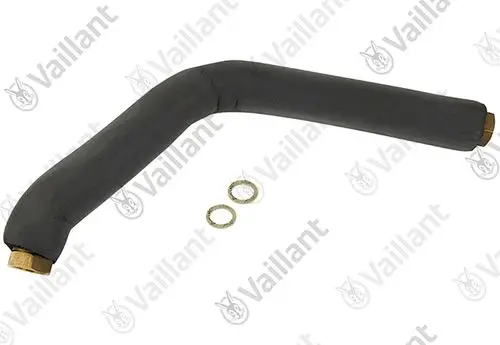 Vaillant Rohr, gebogen, mit Messinganschlüssen an beiden Enden und zwei Dichtungen daneben, zur Verwendung in Heizsystemen.